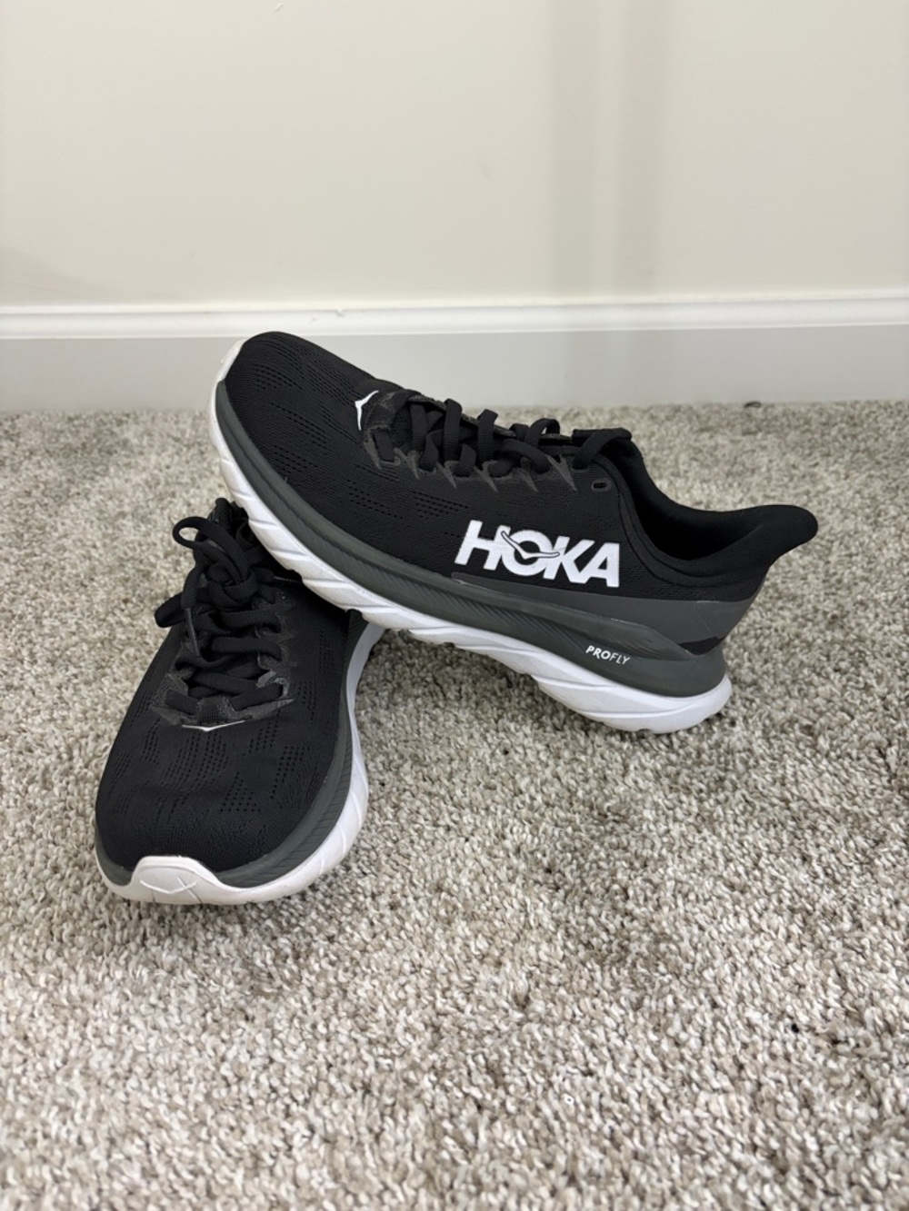 Hoka womens Black and Gray Running Shoes with White Sole